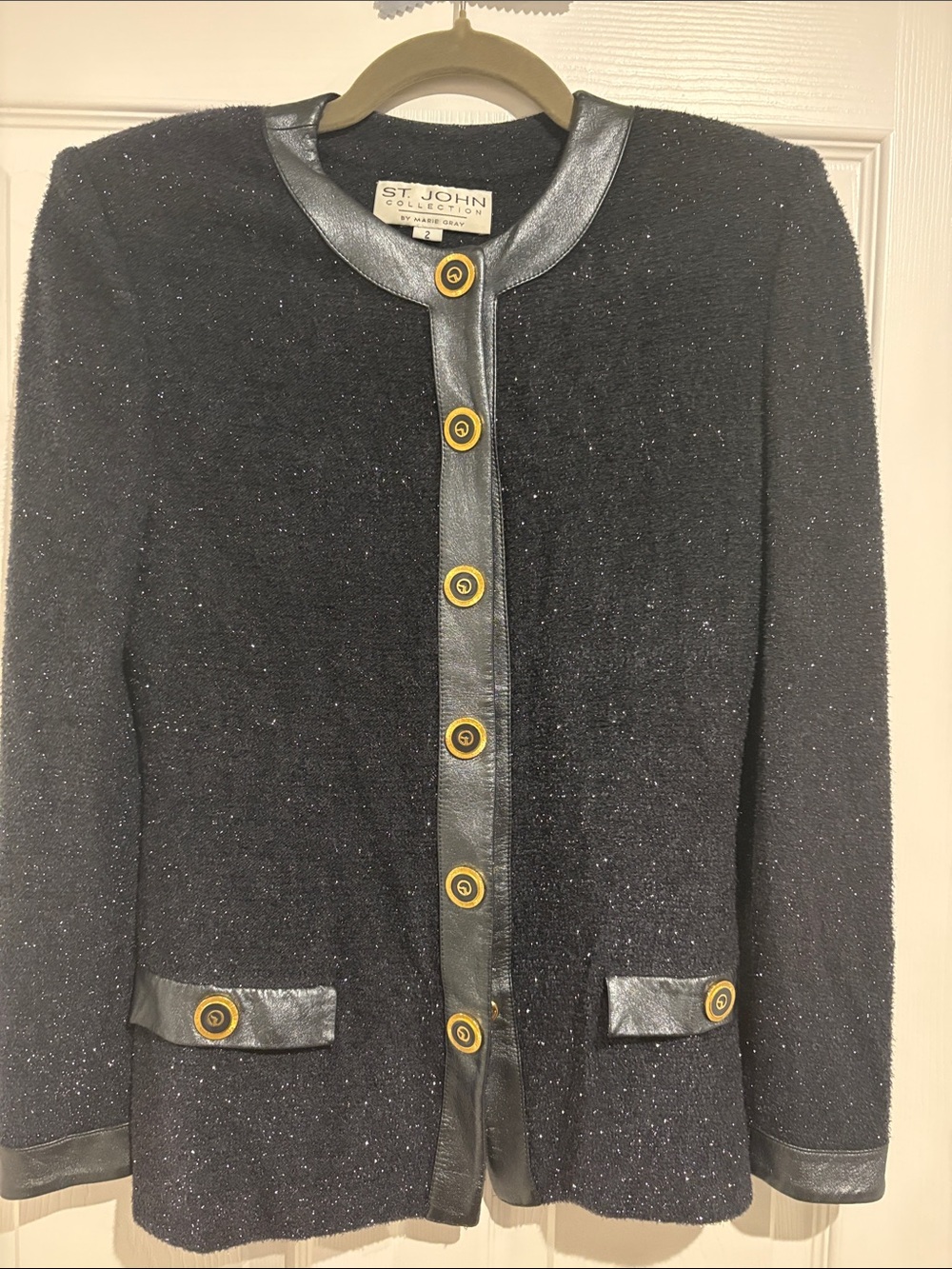 St. John Navy Knit Jacket with Leather Trim and Gold Buttons